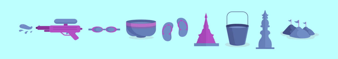 set of songkran festival cartoon icon design template with various models. vector illustration isolated on blue background