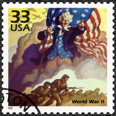 UNITED STATES OF AMERICA - 1999: shows Uncle Sam with flag, U.S. enters World War II, series...