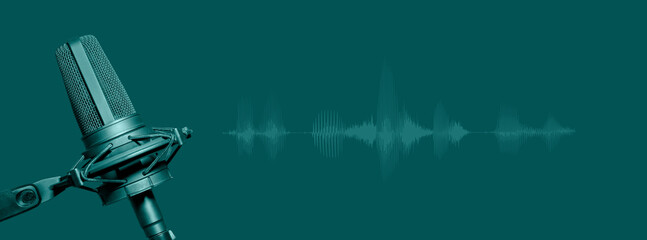Studio microphone with waveform on green background, podcasting or voice recording banner with copy...