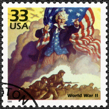 UNITED STATES OF AMERICA - 1999: shows Uncle Sam with flag, U.S. enters World War II, series Celebrate the Century, 1940s, 1999