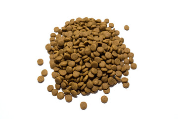 Dry food for cats and dogs on a white background.