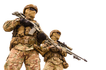Two equipped special forces soldiers with rifles isolated on white background, space for text