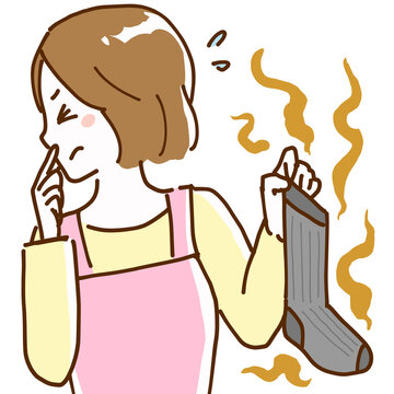 recommend clip art: 臭い靴下を手に鼻をつまんで嫌がる若い女性の線画イラストレーション