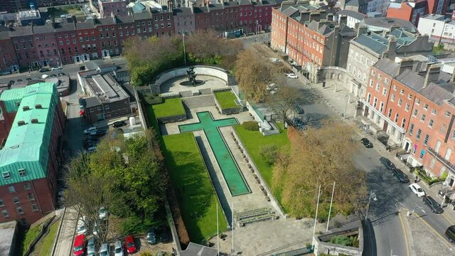 High aerial view of the Garden of Remembrance in Dublin City, Ireland. Orbit right to left. Shot in 4K.