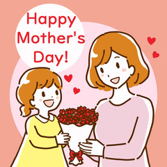 母の日に母親にカーネーションの花束を渡す女の子の線画イラスト