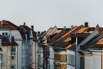 rooftops with chimneys in city