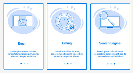 Modern flat illustrations in the form of a slider for web design. A set of UI and UX interfaces for the user interface.Subject Email, Time calculation, and Search Engine.