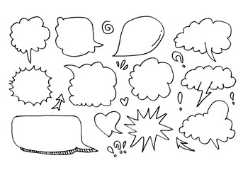 Hand drawn set of speech bubbles isolated on white background.