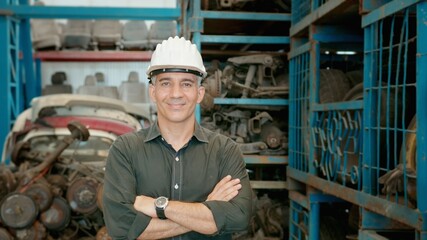 Fototapeta premium portrait of Caucasian Engineering people working in heavy industrial plant Engine parts factory ..