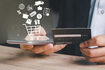 shopping online with credit card, e-commerce, internet banking, spending money concept. Business man hold credit card and using smartphone with cart, discounted price, delivery, 24 hours service icon.