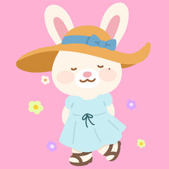 Adorable white bunny in a dress enjoying flowers flat colored