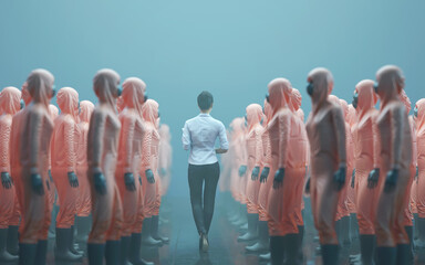 woman walks along a line of people in protective suits