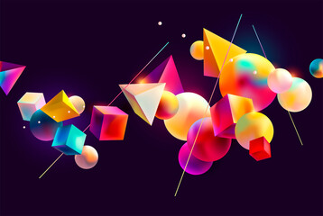 Colorful 3D geometric shapes on black background.