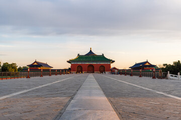 Ancient buildings with red wall and corridor in the Park of Temple of Heaven, Beijing, China