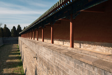 Fototapeta na wymiar Ancient Chinese building city brick wall with red walls and pillars, in the Temple of Heaven in Beijing, China
