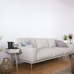 Scandinavian design mid-century interior with Cozy Couch, Wooden Floors and House Plants. Empty Frame Mockup, Art and Print Mockup.