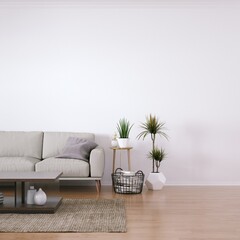 Scandinavian design mid-century interior with Cozy Couch, Wooden Floors and House Plants. Empty Frame Mockup, Art and Print Mockup.