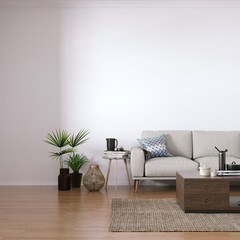 Scandinavian design mid-century interior with Cozy Couch, Wooden Floors and House Plants. Empty Frame Mockup, Art and Print Mockup.