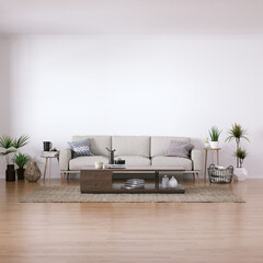 Scandinavian design mid-century interior with Cozy Couch, Wooden Floors and House Plants. Empty Frame Mockup, Art and Print Mockup.