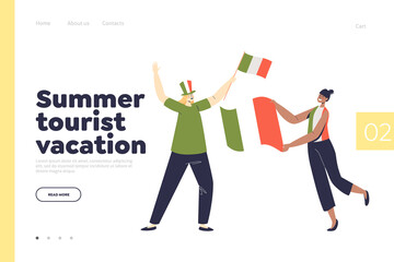 Summer tourists on vacation in Italy concept of landing page with people waving italian flags