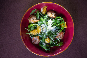 salad with shrimp and herbs top view