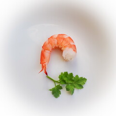 Closeup view of shrimp on the white background. Diet for weight loss.    Minimal concept with copy space. Top view,  flat lay.