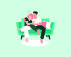 Happy couple sitting and hugging on the couch sofa. Healthy relationship, Romantic man and women sitting next to each other, Flat icon vector concept 