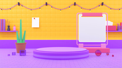 Pop 3d scene, 3d scene, Product showcase, Girl 3d booth, Promotion booth with yellow background, Standing informer, Toy 3d scene with purple floor, Clean and simple scene