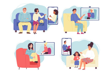 People on psychologists consultation, flat vector illustration isolated.