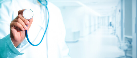 Stethoscope Doctor, Doctor in hospital. Healthcare and medicine concept. Outbreaking Coronavirus COVID-19. insinuate that it's time for a check up in clinic banner panoramic crop for copy space.