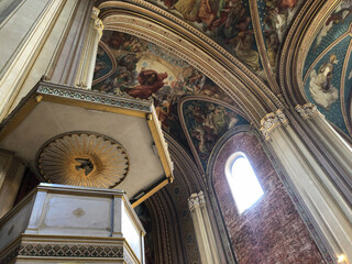 Oppulent Bavarian Byzantine Basilica interior style architecture inside Roman Catholic church or...