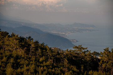 moutain landscape and sea bay from high point of drone fly