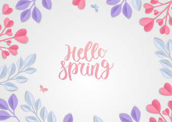 Paper art, Spring flowers on a white background with leaves cut of paper.