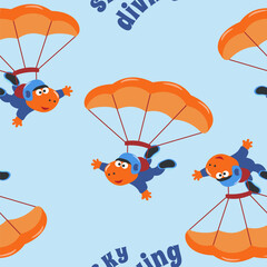 Seamless pattern with skydiving with litlle dinosaur, Childish design concept for kids textile print, nursery wallpaper, wrapping paper. Cute funny background.