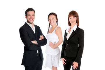 Happy young family, isolated in front of white studio background