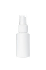 empty white plastic blow and spray bottle for cosmetics on white background. Isolated and mockup