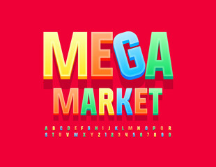 Fototapeta premium Vector Colorful Sign Mega Market. Modern Bright 3D Font. Artistic Alphabet Letters and Numbers