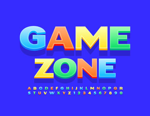 Vector bright template Game Zone. Modern colorful Font. Alphabet Letters and Numbers set for Kids