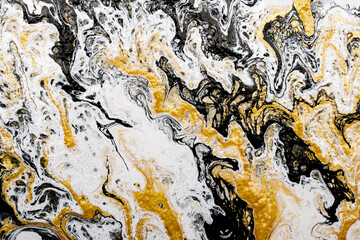 Liquid marbled effect, modern fluid art, alcohol ink. Black, white and gold paint, abstract backgrounds. Swirl pattern, kintsugi style. Creative design, multicolor canvas. Smeared texture, painting.