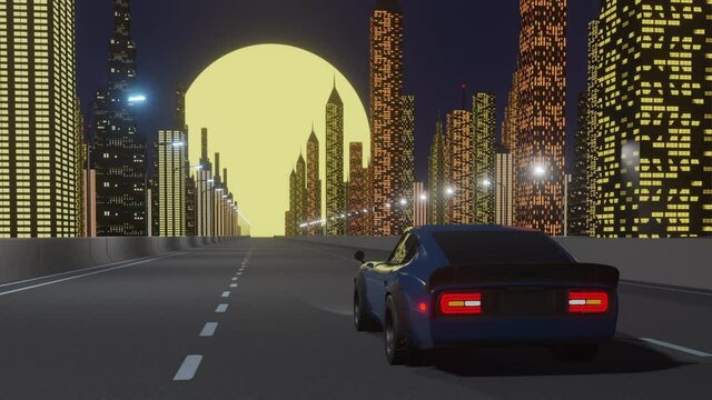 Retro-futuristic 80s style drive with night city background. Moving car on a highway road. VJ synthwave looping 3D animation for music video. 