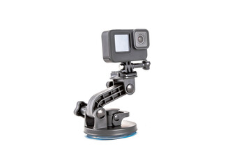  new action camera black color on mount tripod. isolated on white background..