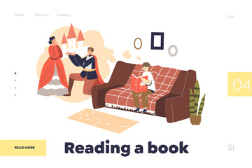 Reading book concept of landing page with little boy read tales imagine castle, prince and princess