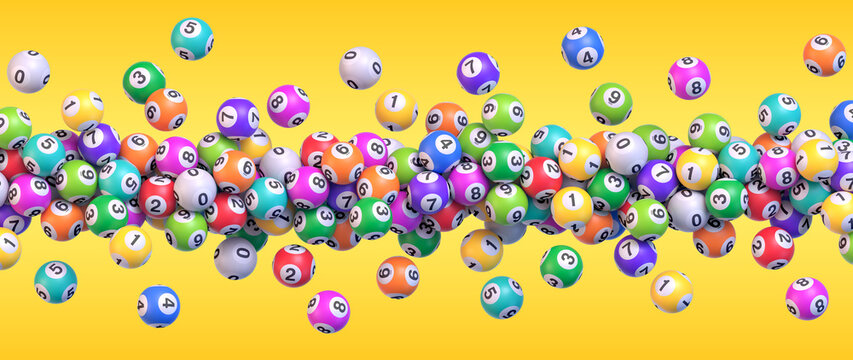 Flying lottery balls. Lot of colorful bingo balls with numbers flying over yellow background. Realistic vector background