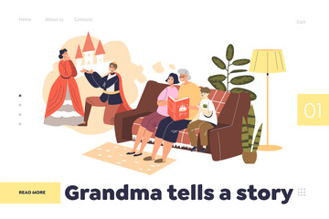 Fototapeta premium Grandma tell story concept of landing page with grandmother reading book to small boy and girl
