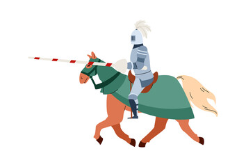 Medieval knight with lance riding on horse, flat vector illustration isolated.