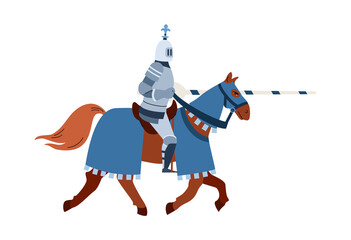 Medieval knight horseman armed with lance, flat vector illustration isolated.