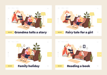 Fototapeta premium Reading fairy tales concept of set of landing pages with grandmother reading stories to kids