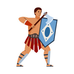 Greek or roman gladiator or legionary with axe flat vector illustration isolated.