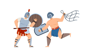 Fight of armed ancient roman legionary or gladiators retiariuses.