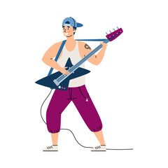 Rock music guitarist male cartoon character, flat vector illustration isolated.